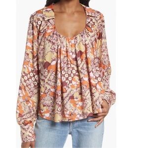 Free People Sage Floral U-Neck Blouse Amber Combo Medium